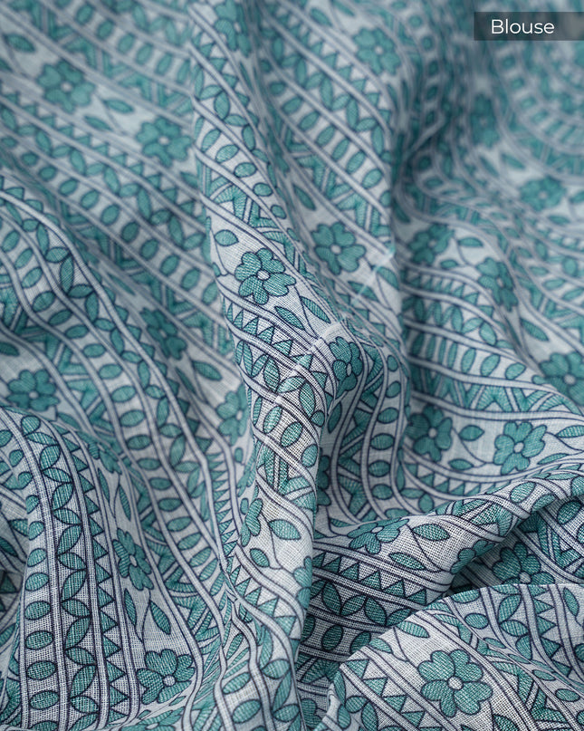 Linen Silk Saree With Madhubani Print With Gold Zari Border - Rama Green