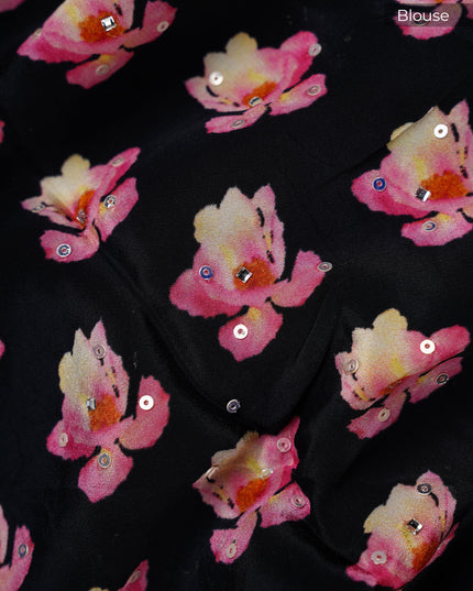 Crepe Saree With Floral Print Scallop Border Kardana Sequence Work - Greyish Black