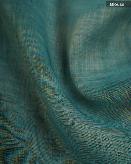 Tissue Linen Saree With Kantha Work & Contrast Border - Mint Green