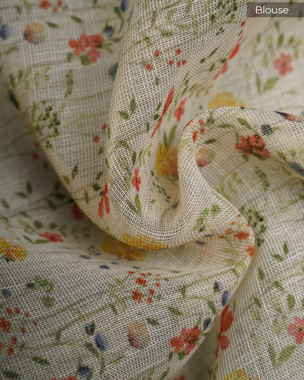 Linen Tissue Saree With Floral Print & Knot Work - Beige & Peacock Blue