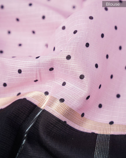 Kota Silk Saree with Floral Print and Contrast Border- Black and Pink