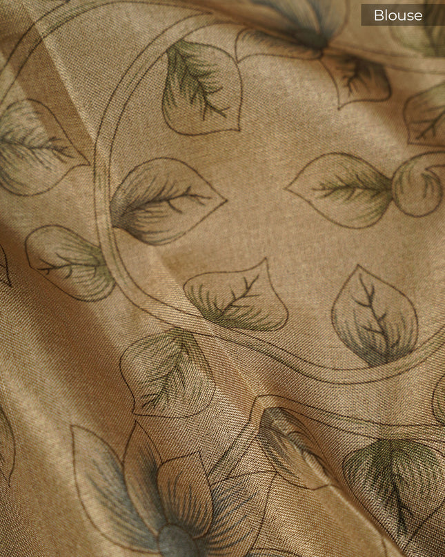 Tissue Lenin Saree with Floral Print and Thread Work- Cream and Green