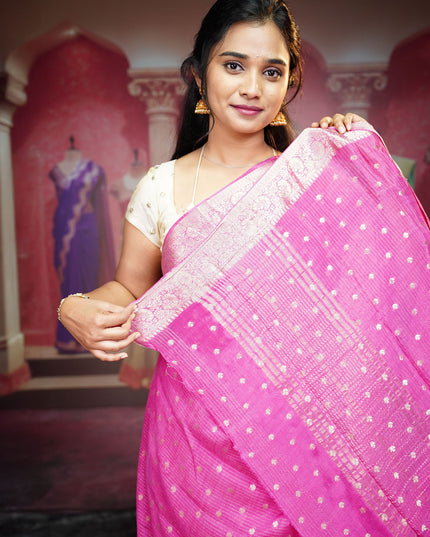 Korean Crepe Saree With Golden Buttis & Border - Pink