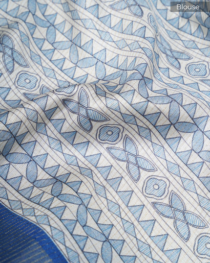 Tusser saree madhubani print with silver border - Royal Blue