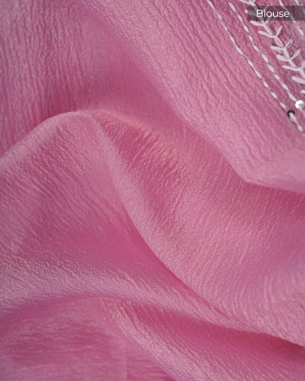 Crush Organza With Kantha Work & Lace Border - Pink