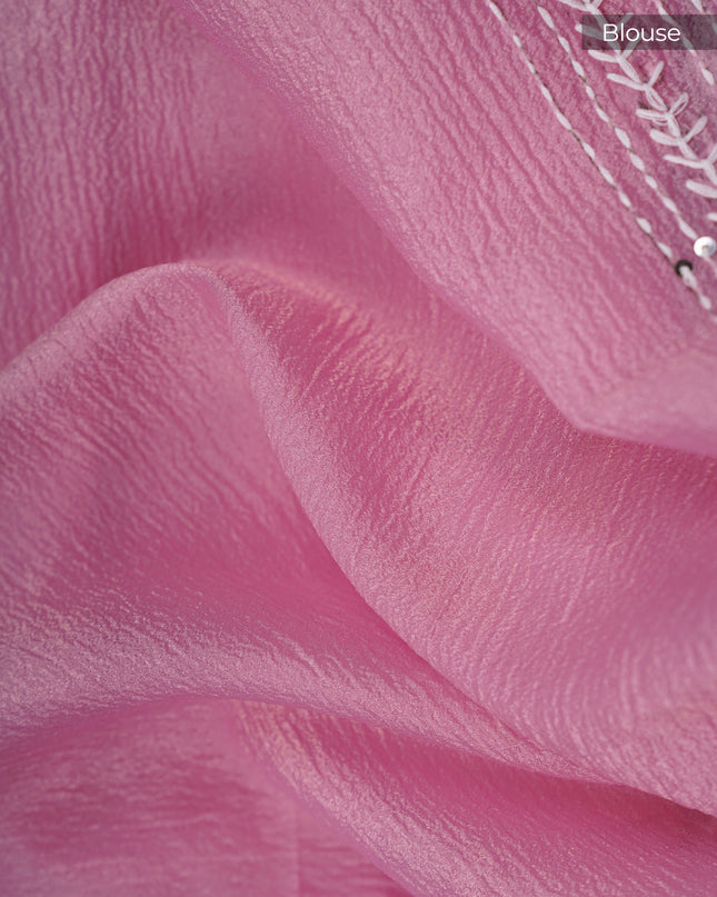 Crush Organza With Kantha Work & Lace Border - Pink