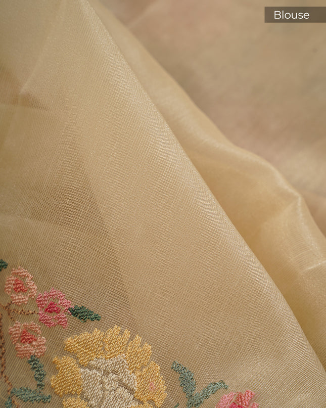 Tissue Linen Saree wWith Thread Embroidery with Lace Border - Cream