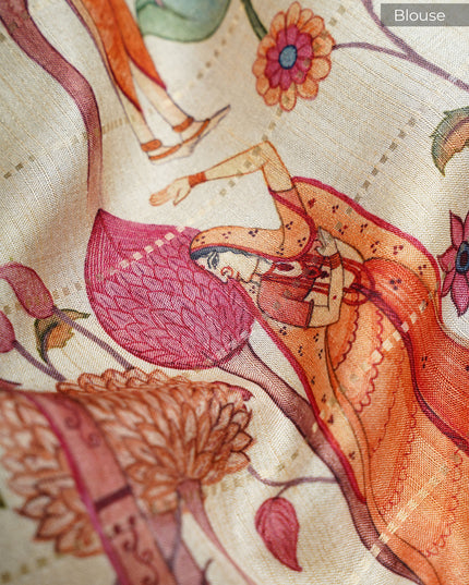 Tusser Silk Saree with Digital Print and Contrast Border- Black