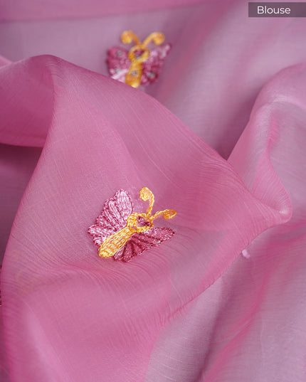 Soft organza saree with thread Embroidery butties and scallop border With sequence work - Pink