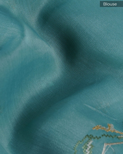 Linen Saree With Thread Work Butties and Scallop Border - Mint Blue