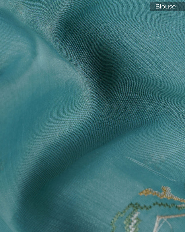 Linen Saree With Thread Work Butties and Scallop Border - Mint Blue