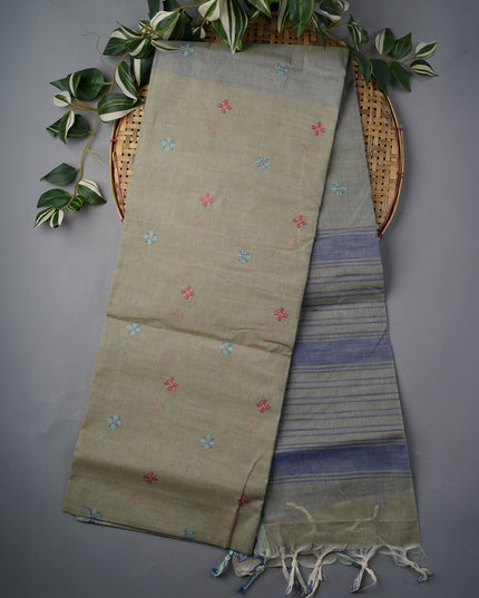 Handloom Cotton Saree With Thread Embroidery Butties Border - Grey