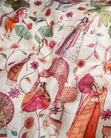 Tusser Silk Saree with Digital Print and Contrast Border- Beige