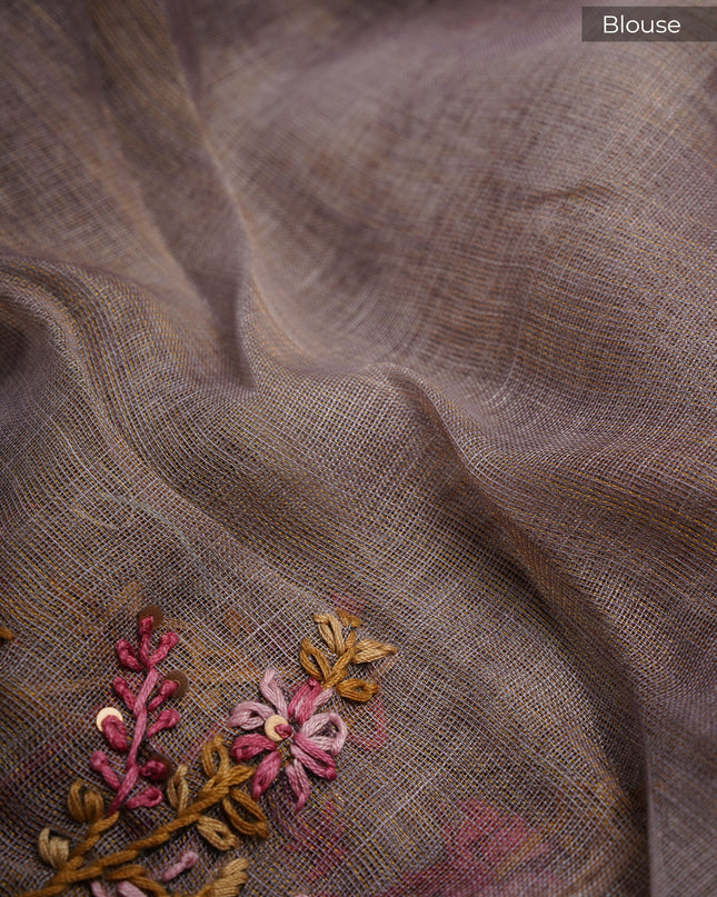 Tissue Linen Saree With Kantha Work & Contrast Border - Peach