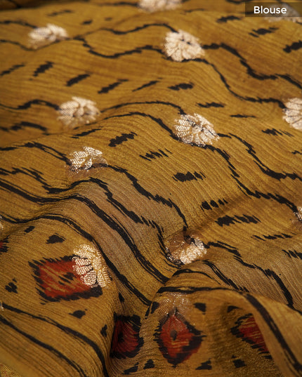 Chiffon sarees with Kalamkari print and zari-woven borders - Mustered Yellow