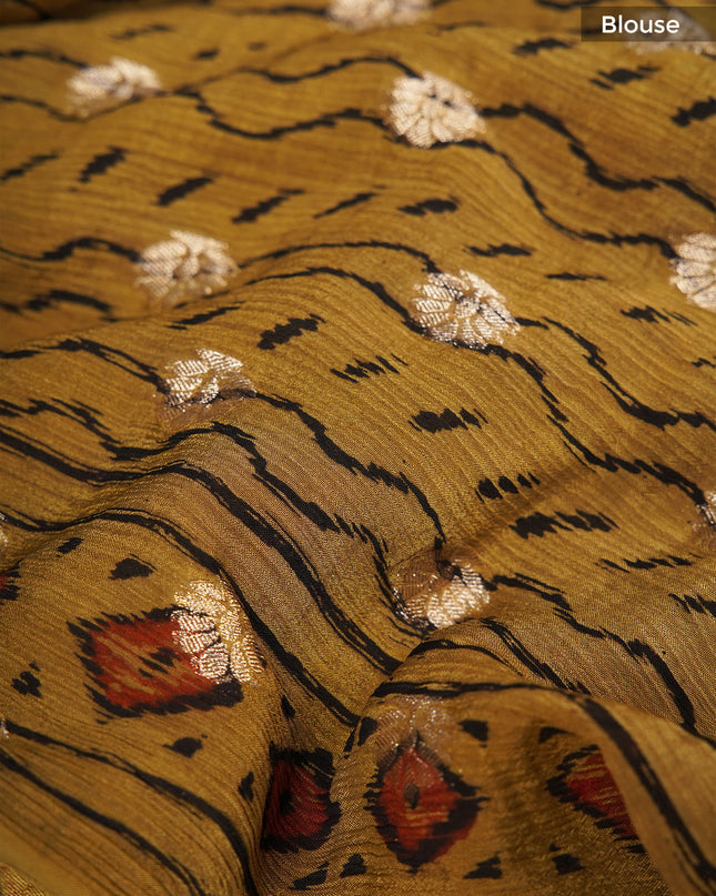 Chiffon sarees with Kalamkari print and zari-woven borders - Mustered Yellow