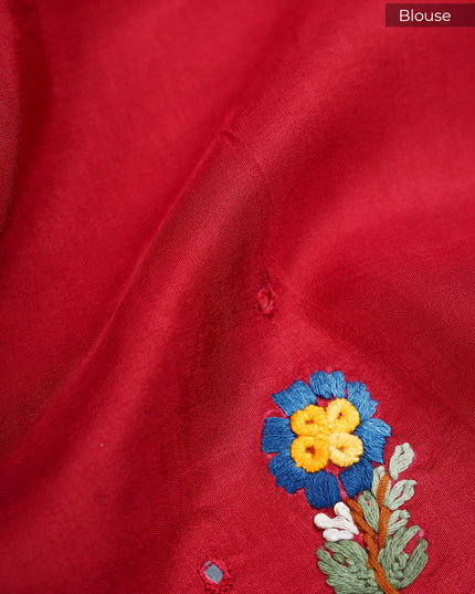 Chinon Saree With Gold Zari Checks And Mirror Work - Red