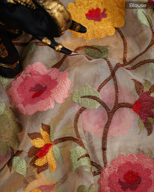 Kora Dupion Saree with Thread Work and Scallop Border - Lime Green