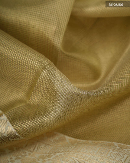 Handloom Jute Chanderi Saree with Floral Print and a Woven Border- Olive Green