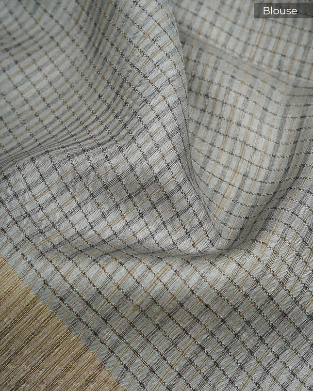 Tusser saree weaving checks floral print with golden border - Beige