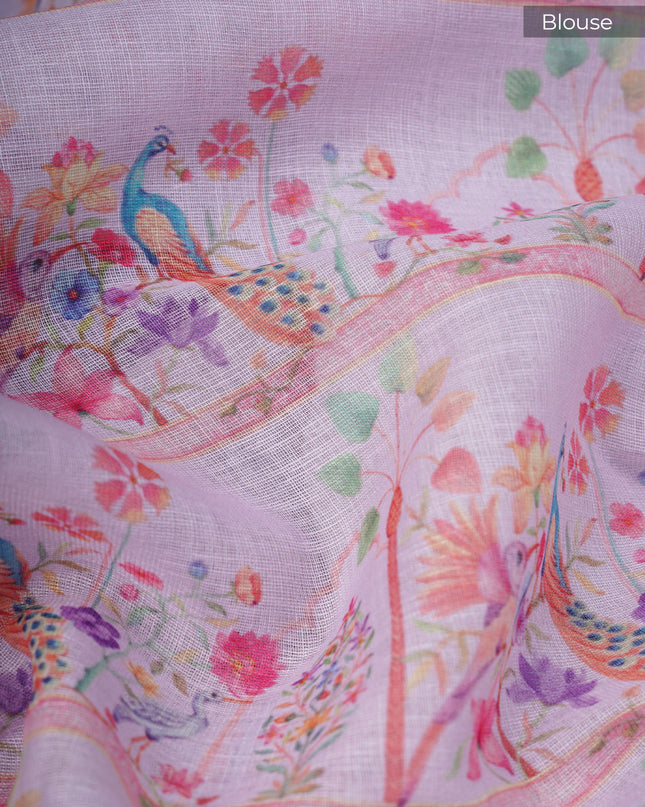 Linen Tissue Saree With Floral Print - Off White