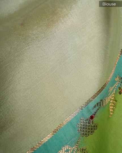 Katan tusser banaras saree dual floral design border  - P Green