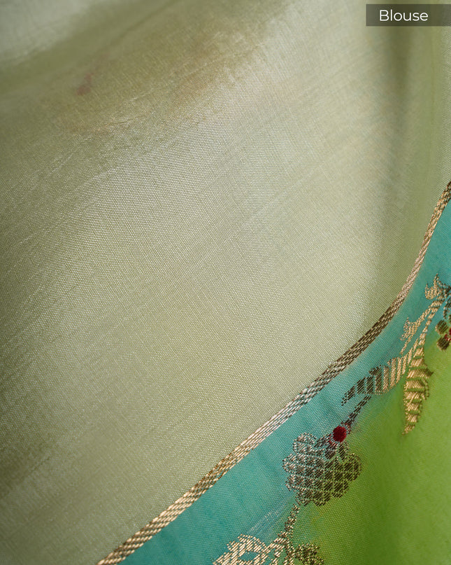 Katan tusser banaras saree dual floral design border  - P Green