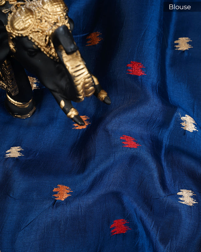 Dupion silk saree with thread butties and border - Peacok Blue