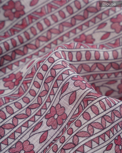 Lenin Silk Saree with Madhubani Print with Contrast Border- Maroon