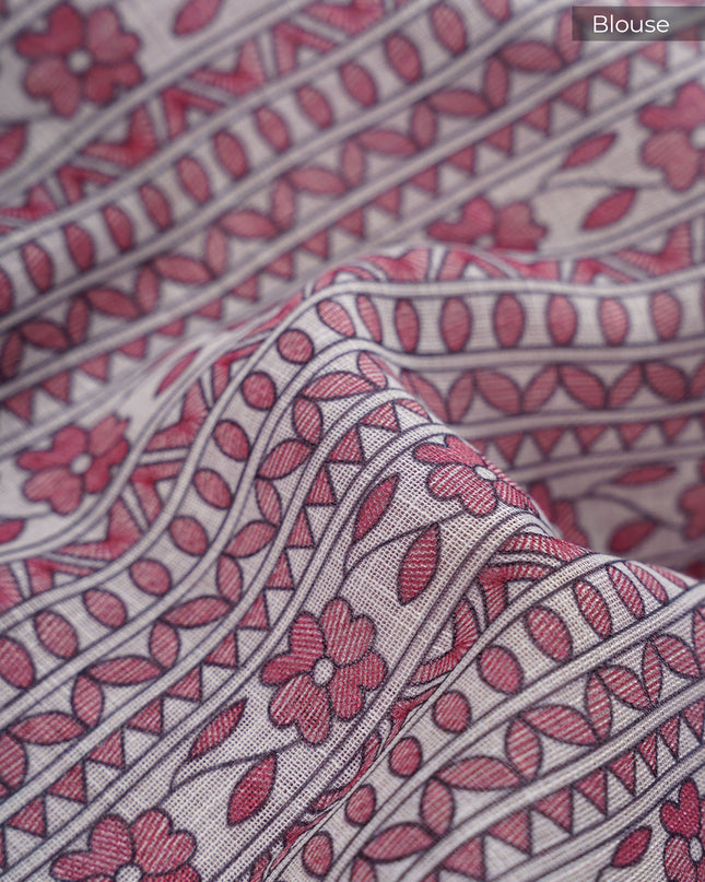 Lenin Silk Saree with Madhubani Print with Contrast Border- Maroon