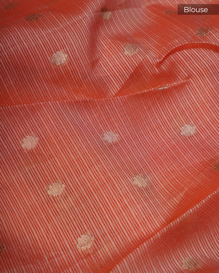 Silk Kota Saree With Gold Butties And Contrast Border With Thread Work - Peach