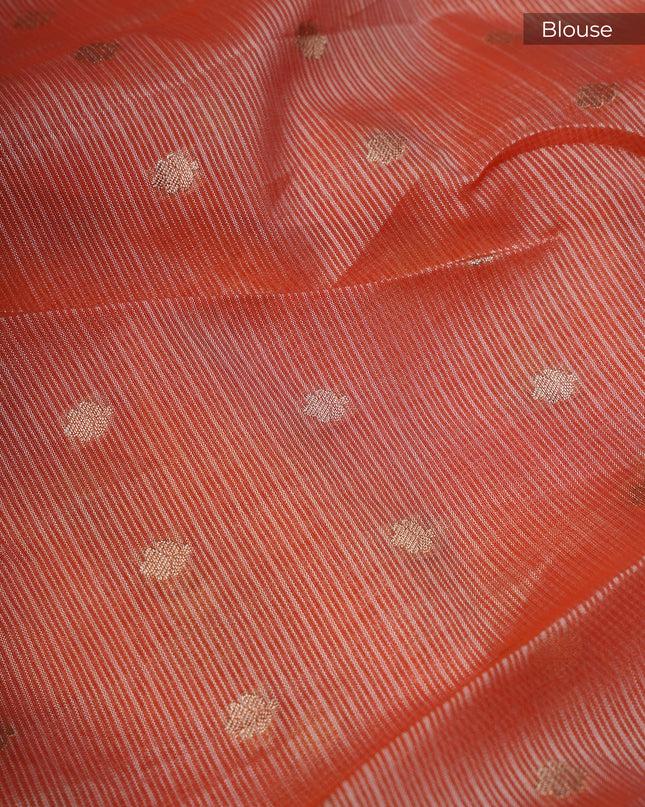 Silk Kota Saree With Gold Butties And Contrast Border With Thread Work - Peach