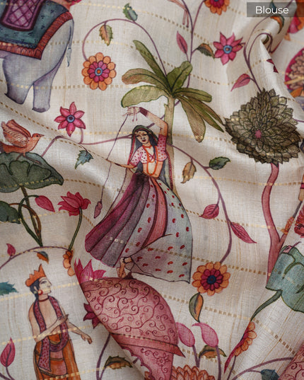 Tusser Silk Saree with Digital Print and Contrast Border- Maroon Yellow