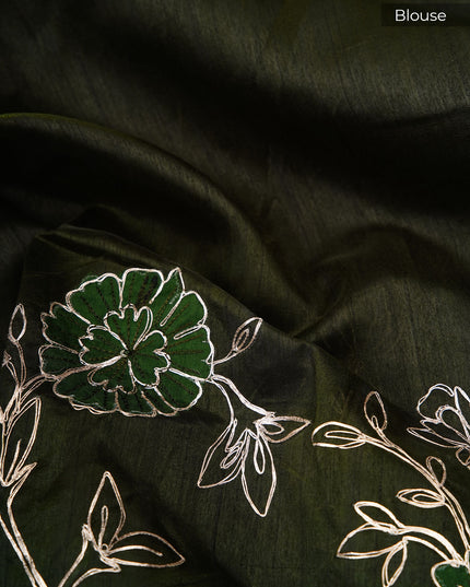 Tusser silk saree with applique and pitta work with scallop border - Bottle Green