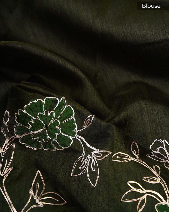 Tusser silk saree with applique and pitta work with scallop border - Bottle Green