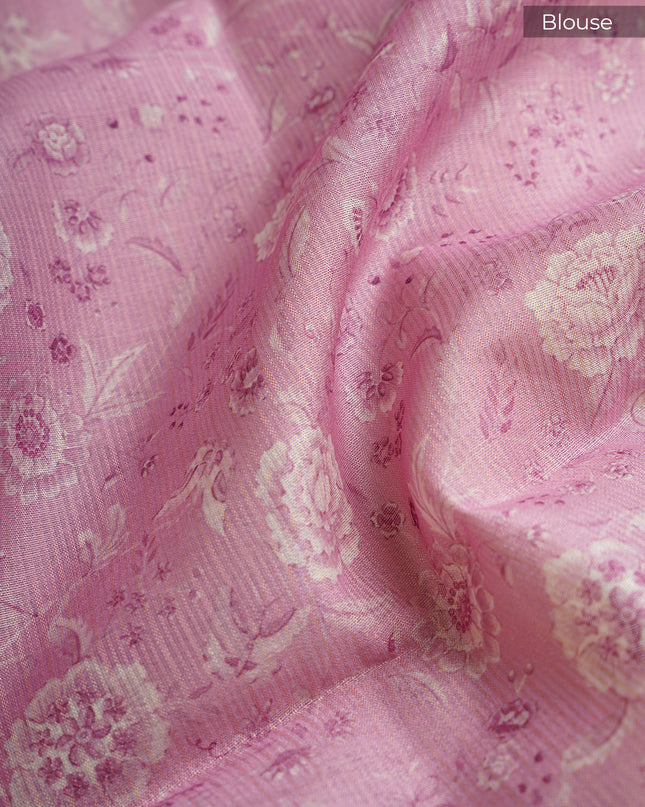 Silk Kota Saree with Mirror Work Applique Work with  Silver Border- Cream Onion Pink