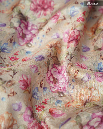 Tusser Silk Saree with Floral Print and Subtle Vertical Stripes and Small Delicate Motifs- Blue