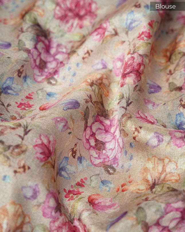 Tusser Silk Saree with Floral Print and Subtle Vertical Stripes and Small Delicate Motifs- Blue