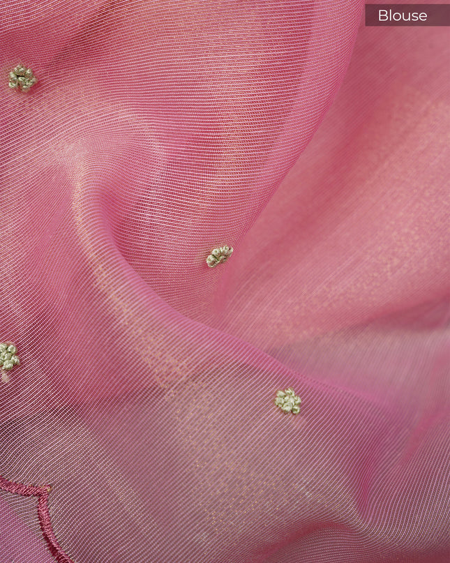 Hand Embroidery Tissue Lenin Saree with a Scalloped Border and Floral Motifs - Pink