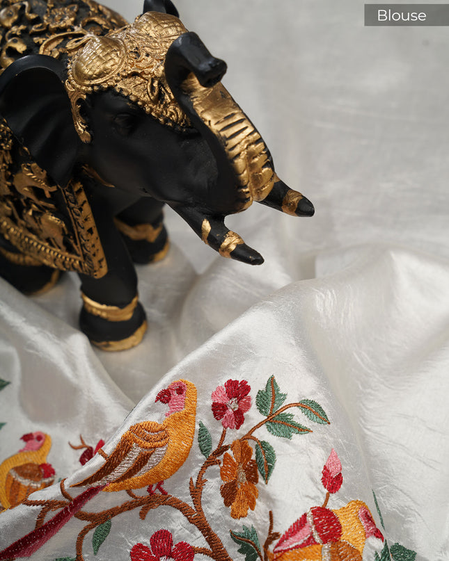 Dupion saree with  golden butties and thread work and border  - White