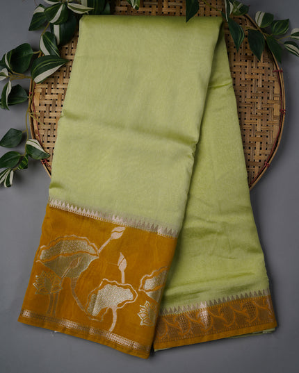 Chanderi Silk Saree With Gold & Silver Contrast Gap Border - Green