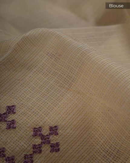 Kota Silk Saree With Thread Embroidery & Butties - Cream with Lavender