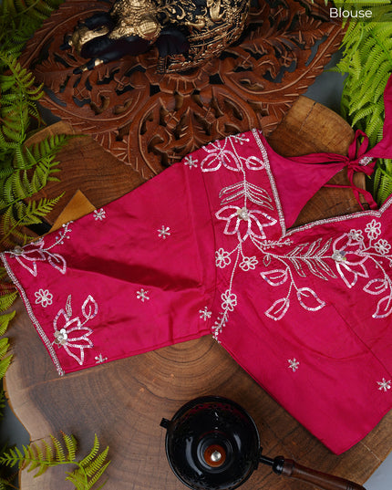 Italian Crape Saree with floral print and Kardana  Pearl Work With Scallop Border - Baby Pink