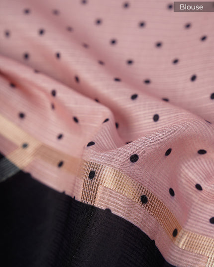 Kota Silk Saree with Floral Print and Contrast Border- Black and Peach