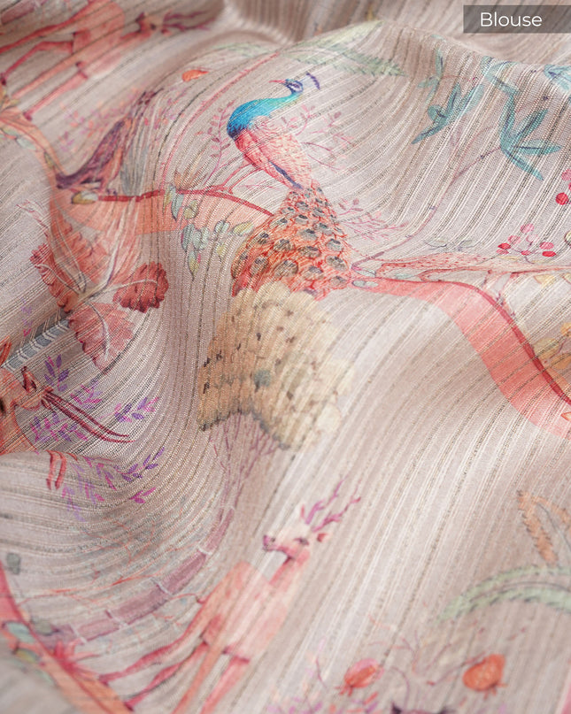 Tusser silk saree with digital print and thread weaving border - Blue