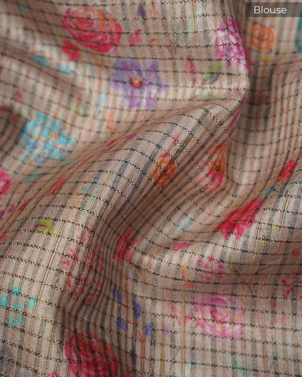 Tusser Silk Saree with Floral Print and Contrast Border- Green