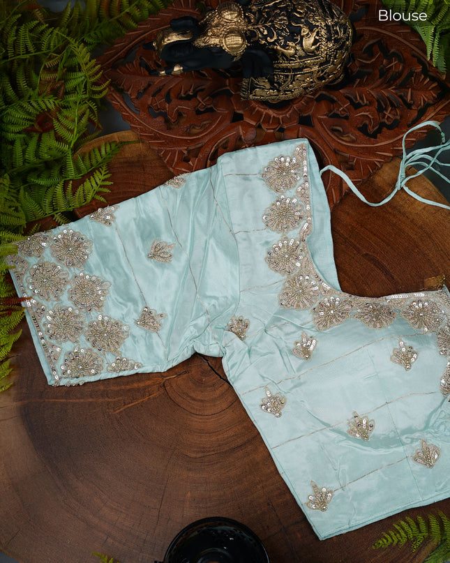 Italian Crepe with Kardana Work and Gold Zari Butties - Sea Blue