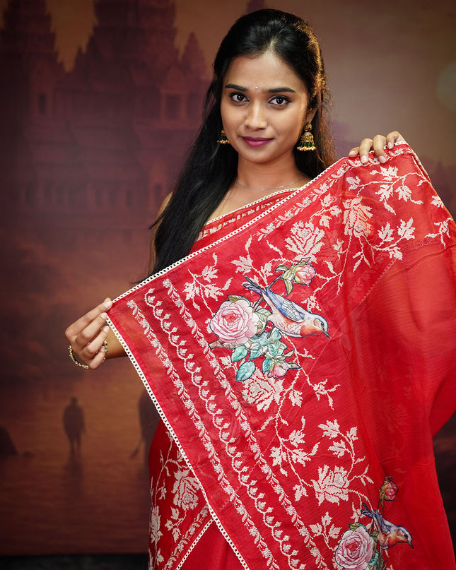 Silk Kota Saree With Applique And Thread Work With Lace Border - Red