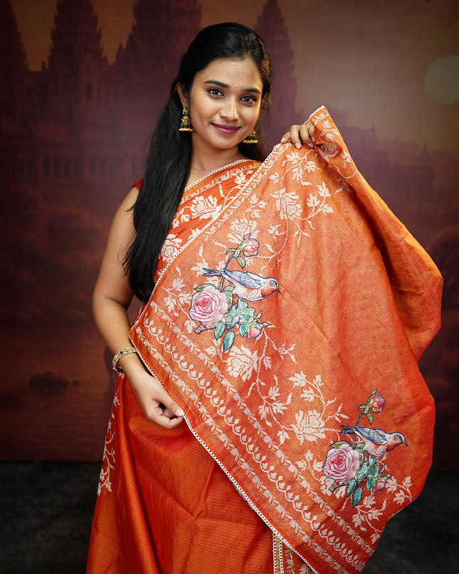 Silk Kota Saree With Applique And Thread Work With Lace Border - Rust