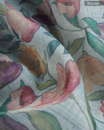 Tissue Lenin Saree with Thread Work Border- Sea Blue